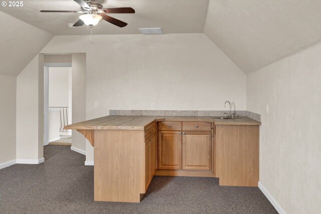 3435 Meadow View Dr, Eugene, OR 97408 - indoor wet bar with lofted ceiling, dark colored carpet, ceiling fan, and baseboards