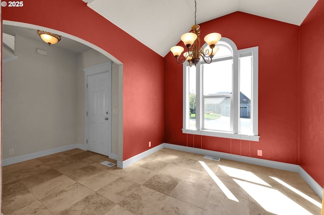 3435 Meadow View Dr, Eugene, OR 97408 - unfurnished room featuring arched walkways, a chandelier, lofted ceiling, baseboards, and light stone finish flooring