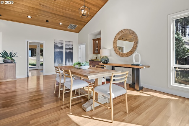 dining space with recessed lighting, wooden ceiling, an inviting chandelier, light wood-style floors, and high vaulted ceiling