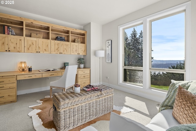 office with baseboards, light colored carpet, and built in study area