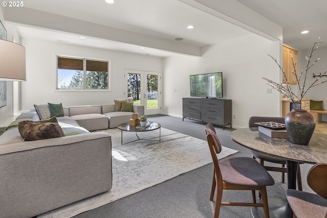 living room with beamed ceiling, recessed lighting, french doors, carpet, and baseboards