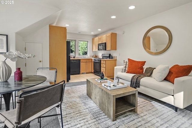 living room with recessed lighting and light tile patterned flooring