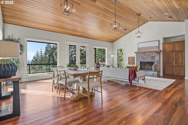 dining area featuring dark wood finished floors, wood ceiling, a fireplace, and high vaulted ceiling