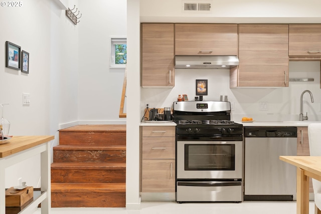 kitchen featuring appliances with stainless steel finishes, ventilation hood, a sink, and butcher block countertops