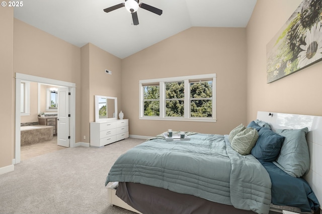 14746 SW 148th Ter, Tigard, OR 97224 - bedroom featuring carpet flooring, high vaulted ceiling, connected bathroom, and a ceiling fan