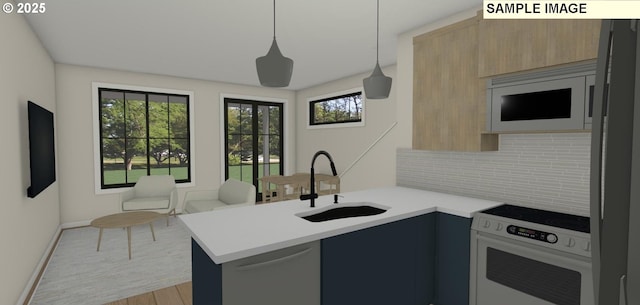 kitchen featuring sink, backsplash, kitchen peninsula, pendant lighting, and white appliances