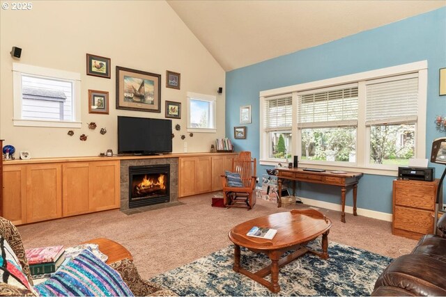 1703 Webb Lake Dr, Silverton, OR 97381 - living area with light carpet, high vaulted ceiling, baseboards, and a fireplace