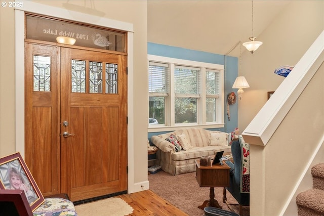 1703 Webb Lake Dr, Silverton, OR 97381 - entrance foyer with lofted ceiling, stairway, and light wood-type flooring
