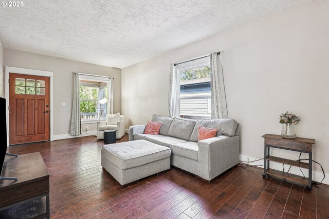 living area with a textured ceiling, baseboards, and dark wood-type flooring