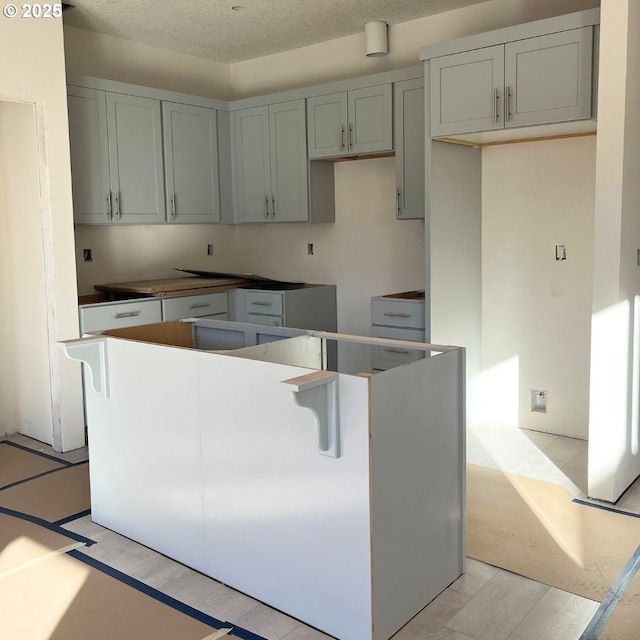 kitchen with light hardwood / wood-style floors, a textured ceiling, and gray cabinetry