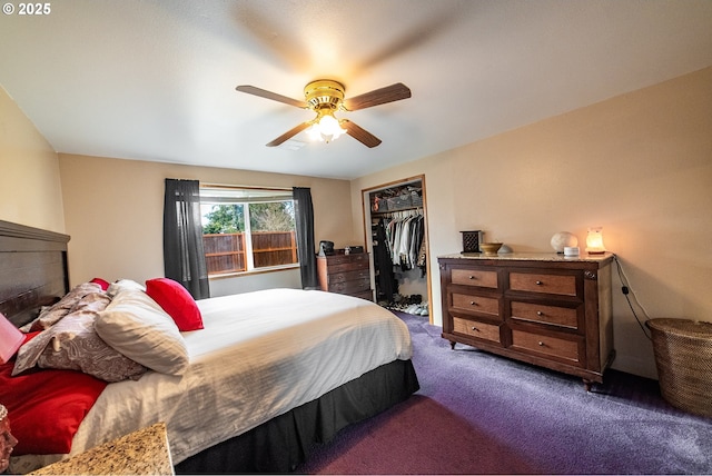 bedroom featuring a closet, ceiling fan, and dark colored carpet