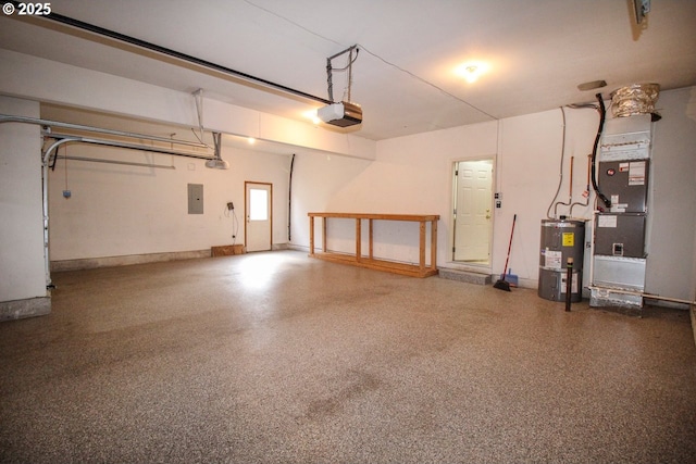 garage with water heater, a garage door opener, and electric panel