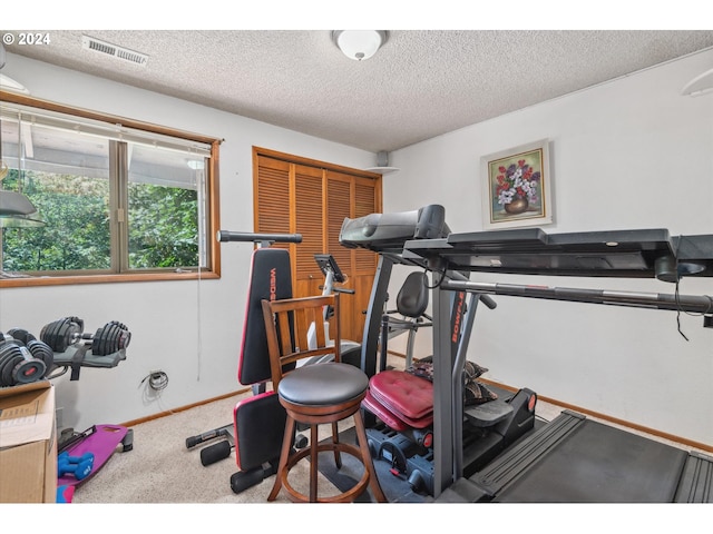 workout area featuring carpet, a textured ceiling, and visible vents