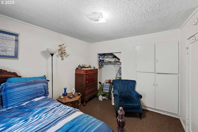 carpeted bedroom with a textured ceiling and ornamental molding