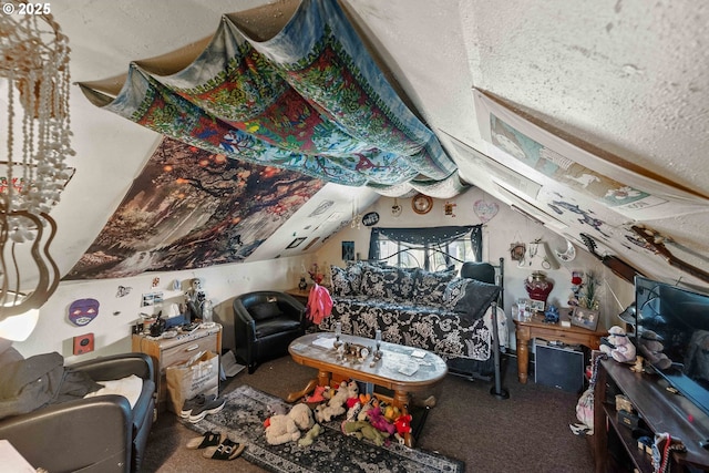 living room with carpet flooring and lofted ceiling