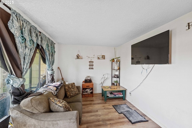 living room featuring wood finished floors, a textured ceiling, and baseboards