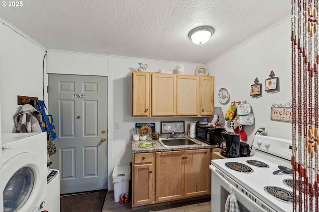 kitchen with white electric range oven, a sink, washer / clothes dryer, ornamental molding, and a textured ceiling