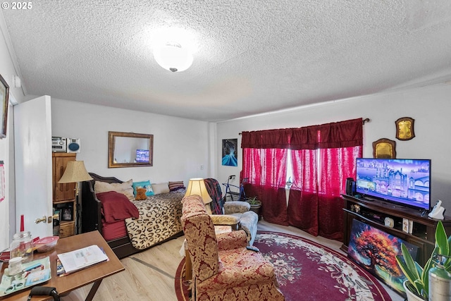 living room with a textured ceiling and wood finished floors