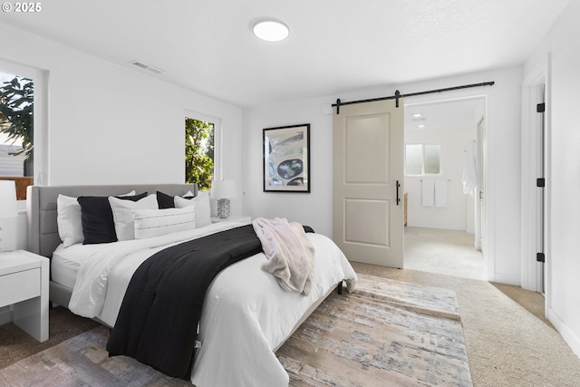 carpeted bedroom with a barn door