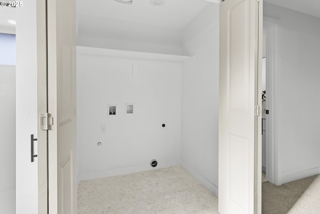 laundry room featuring electric dryer hookup, hookup for a washing machine, light colored carpet, and gas dryer hookup