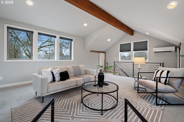 carpeted living room featuring lofted ceiling with beams and a wall unit AC