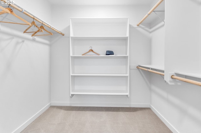 walk in closet featuring light carpet