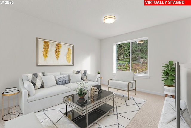 living area with light carpet and baseboards