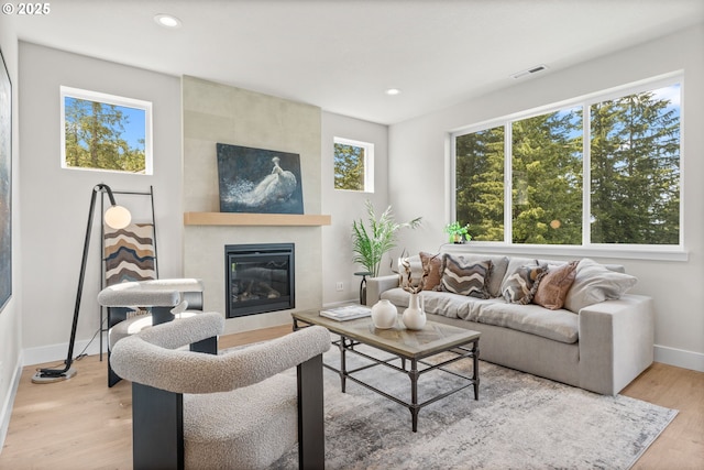 living room with a fireplace and light hardwood / wood-style floors