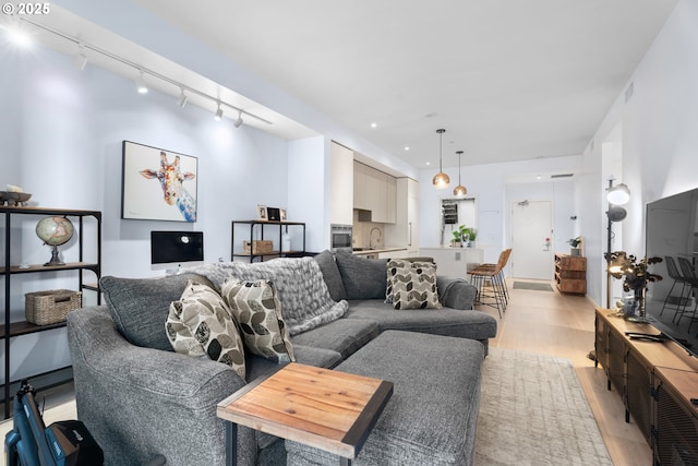 living room with sink, light hardwood / wood-style flooring, and track lighting