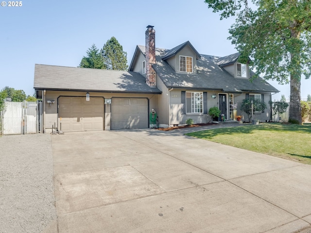 611 NW 4th Pl, Battle Ground, WA 98604 - cape cod-style house with a garage, a chimney, driveway, and a gate