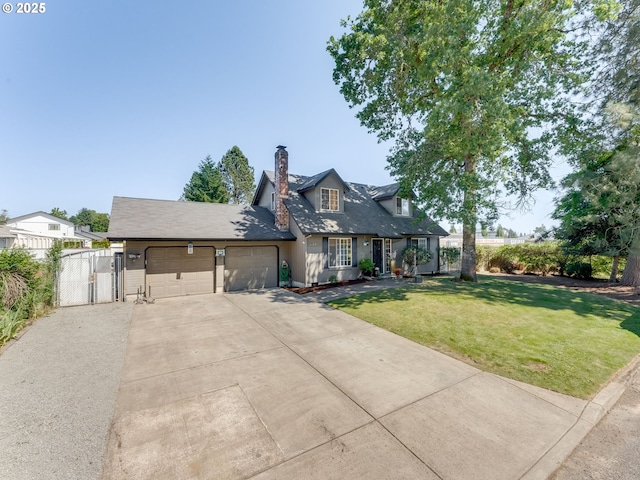 611 NW 4th Pl, Battle Ground, WA 98604 - cape cod house featuring a gate, a garage, a chimney, and concrete driveway