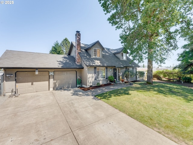 611 NW 4th Pl, Battle Ground, WA 98604 - cape cod-style house featuring a garage, concrete driveway, a chimney, and a front yard