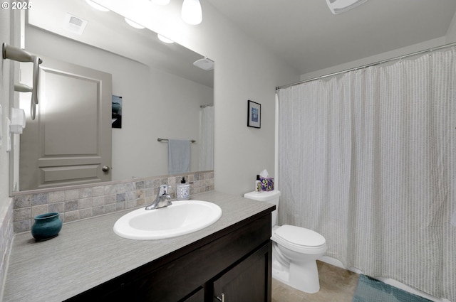 1345 Skyline Park Loop, Eugene, OR 97405 - full bath with vanity, tile patterned floors, backsplash, and curtained shower