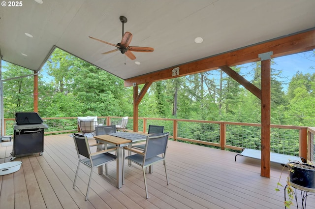 1345 Skyline Park Loop, Eugene, OR 97405 - deck with area for grilling, a ceiling fan, outdoor dining area, and view of scattered trees