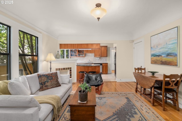 living room featuring light wood finished floors and baseboards
