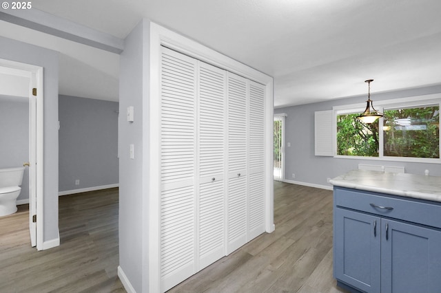 1500 Norkenzie Rd, Eugene, OR 97401 - kitchen with light wood-style floors, blue cabinets, light countertops, and pendant lighting