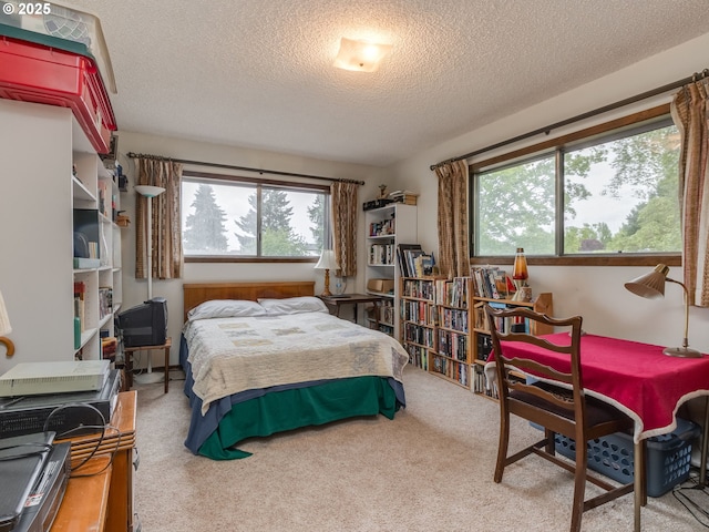 bedroom with a textured ceiling and carpet floors