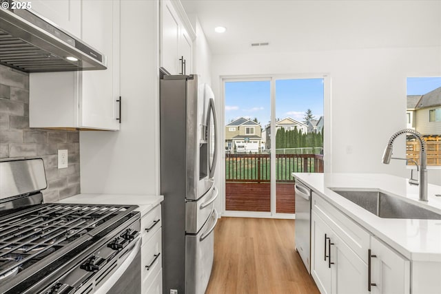 kitchen with sink, white cabinetry, tasteful backsplash, light wood-type flooring, and stainless steel appliances