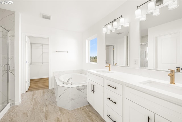 bathroom featuring vanity and separate shower and tub