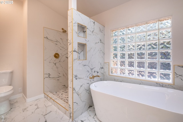 bathroom featuring plus walk in shower, plenty of natural light, and toilet