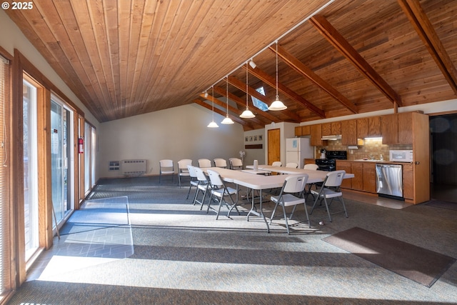 dining room with beamed ceiling, plenty of natural light, wooden ceiling, and high vaulted ceiling