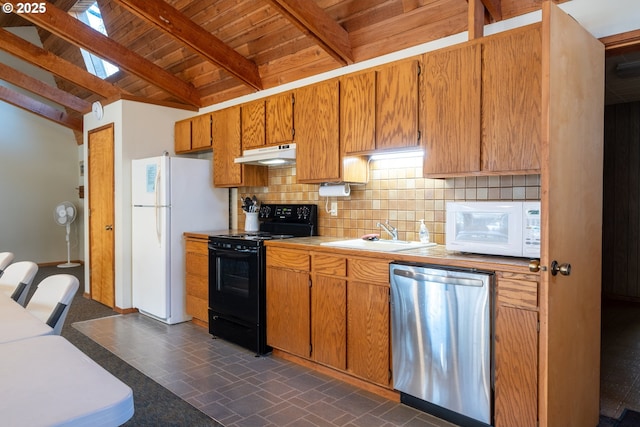 kitchen featuring lofted ceiling with beams, sink, backsplash, wood ceiling, and white appliances