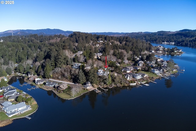 bird's eye view featuring a water and mountain view