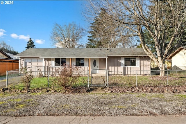 single story home with a garage and a front yard