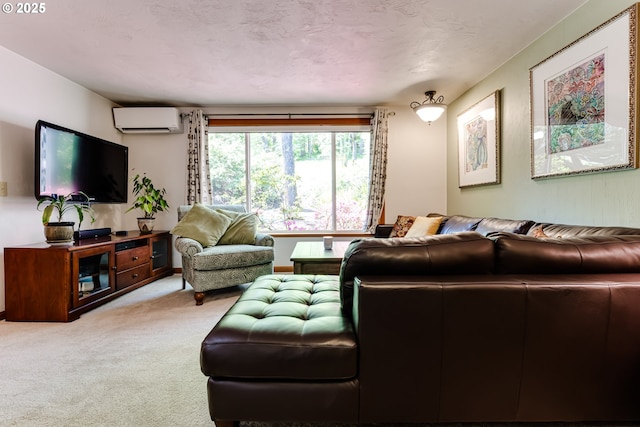 living room with a wall unit AC and carpet