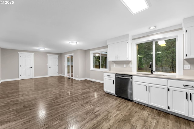 kitchen with sink, white cabinetry, dishwasher, and dark hardwood / wood-style flooring