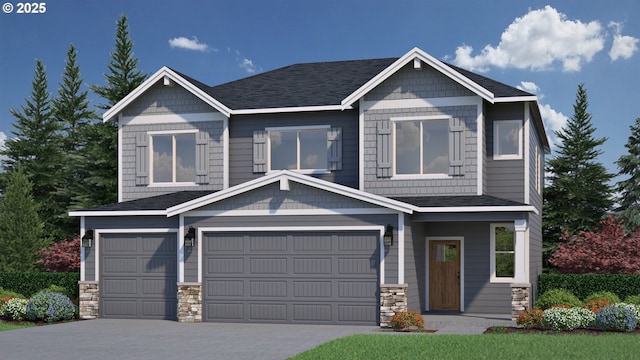 craftsman house featuring stone siding, an attached garage, driveway, and roof with shingles