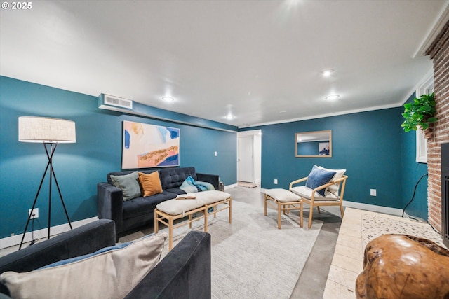 living room with concrete floors, baseboards, a fireplace, and recessed lighting