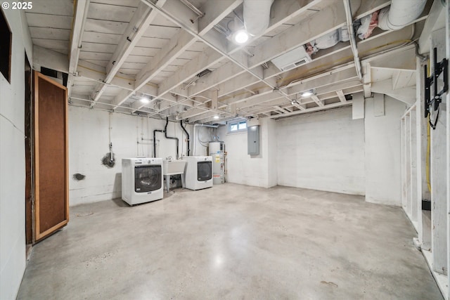 below grade area with secured water heater, electric panel, washer and clothes dryer, and a sink