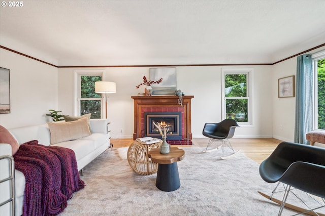 living room featuring wood finished floors, a fireplace, and baseboards